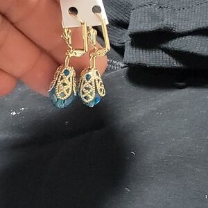 Fashion Jewelry Gold-Tone Earrings with Blue Crystal Drops